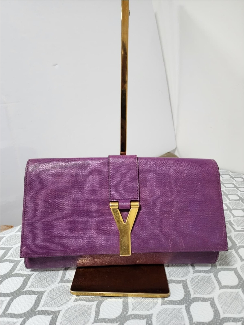 YVES SAINT LAURENT Calfskin Leather Ligne Y Clutch Bag Purple